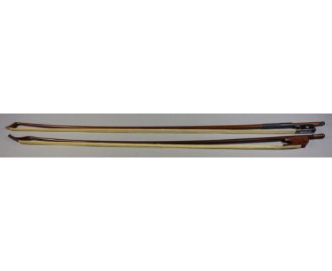 An English Violin Bow, 20th Century, by J.E. Vickers, with octagonal stick, ebony frog with mother-of-pearl and German silver