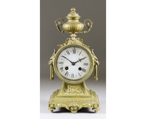 A Late 19th Century French Brass Cased Mantel Clock, by Japy Freres, No. 97932, the 3.75ins diameter white enamel dial with R