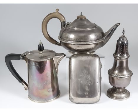 A George V Batchelor's Plain Silver Tea Pot, and mixed silverware, the teapot with squat circular body and moulded girdle, by