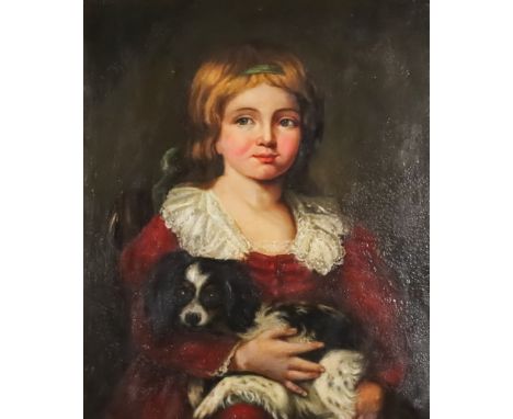 19th Century English School - Oil painting - Half length portrait of a young girl holding a spaniel on her lap, canvas 26.75i