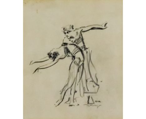 Troy Kinney (1871-1938) - Charcoal drawing on beige paper - Two dancers, signed, 8ins x 7ins, in oak moulded frame and glazed