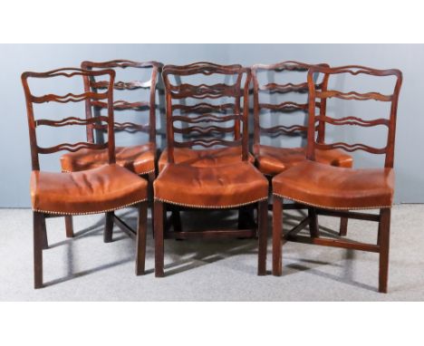 A Set of Six Fruitwood/Elm Ladder Back Dining Chairs of "Country Chippendale" Design, with shaped and fretted crest rail and 