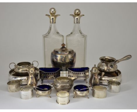 A Pair of George V Silver Mounted Cut Glass Spirit Decanters, and mixed silverware, the decanters by Hukin &amp; Heath Ltd, L