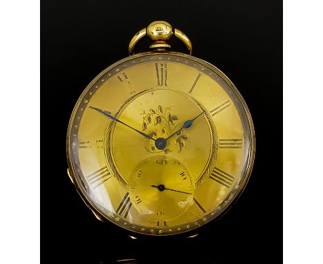 A Swiss 14k Gold Cased Open Faced Pocket Watch, Late 19th Century, No. 24472, the gilt dial with Roman numerals and engraved 