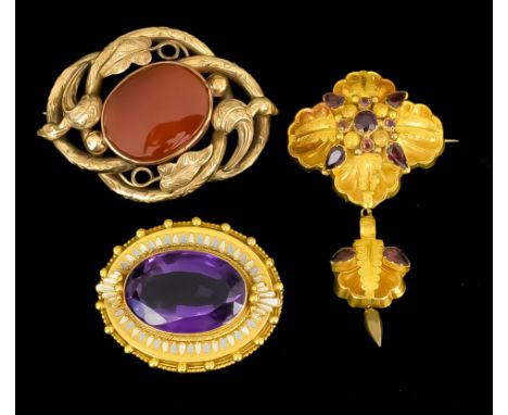 A Gold Coloured Metal and Amethyst Set Oval Boss Pattern Brooch, Victorian, with enamel and ball pattern borders, 35mm x 46mm