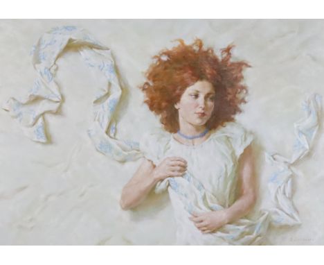 Dmitry Lisichenko (born 1976) - Oil painting - "Spring Breeze" - Portrait of a young woman, signed, canvas 28ins x 39.75ins, 
