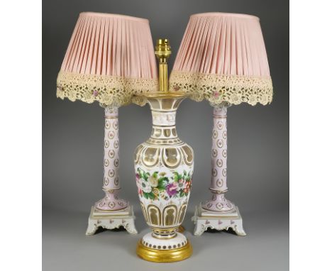 A Pair Of Dresden Porcelain Electric Table Lamps, 20th Century, of candlestick form, the columns decorated with roses within 