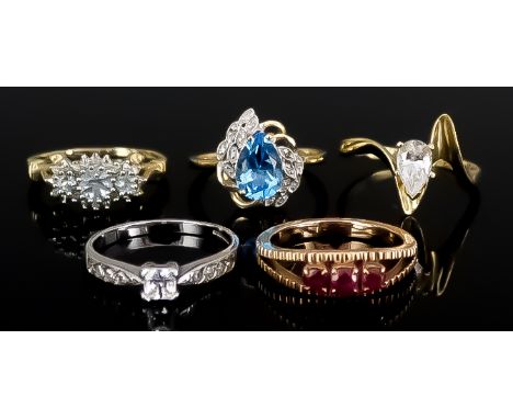 Five Gem Set Rings, Modern, comprising - 14ct gold paste set ring, size U, and four 9ct gold gem set rings, sizes P,T,P+,R , 