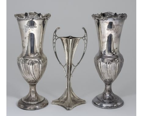 A Pair of Edward VII Silver Urn Pattern Vases, by Harrison Brothers &amp; Howson, Sheffield 1905/06, with C and S scroll moun