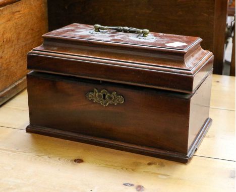 A George III oak tripod table, a Regency sarcophagus form mahogany tea caddy, and an oak box (3)