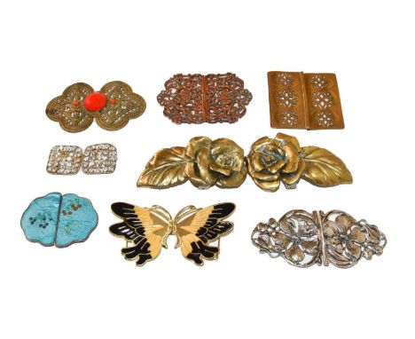 Assorted mid 20th century and later buckles in gilt metal, some with enamel decoration, filigree and floral design, etc