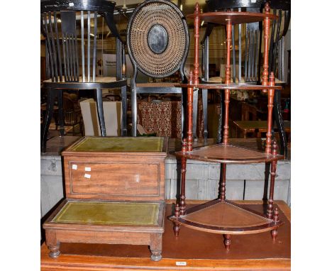 A 19th century mahogany and leather inset step commode raised on turned supports, 47cm by 55cm by 38cm, together with a repro
