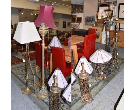 ~Assorted lighting, including: two brass column standard lamps, two standard oil lamps (converted), a rise and fall standard 