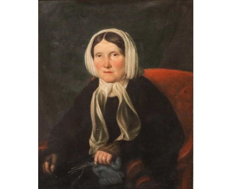 British School (19th century)Portrait of a lady wearing a black dress and a white headscarf, half-length seated in a red armc