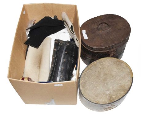 Gents costume accessories, comprising: a small black top hat and larger example in a tin box (brim broken), over 110 silk and