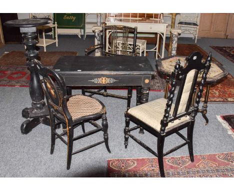 ~ A parcel-gilt ebonised table with ring turned tapering legs, 85cm by 45cm by 66cm, a parcel-gilt black painted Country chai