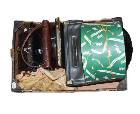 Circa 1960's brown leather handbag with gilt metal hardware, and similar coin purse inside; a similar style bag with brass ha