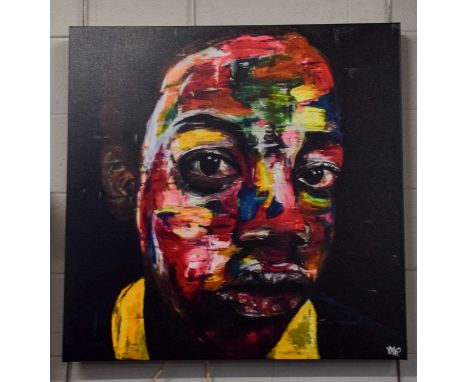 A large contemporary portrait head and shoulders study of a boy, monogrammed, print on box canvas, 91cm by 91cm