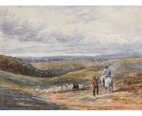 Thomas Collier (1840-1891)Two figures in conversation, one on horseback, herding sheep through a country landscapeSigned and 