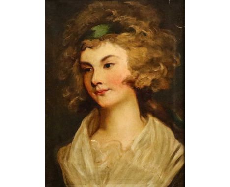 Follower of Sir George Romney (1734-1802)Portrait of a girl wearing a green headband, head and shouldersOil on canvas, 34cm b