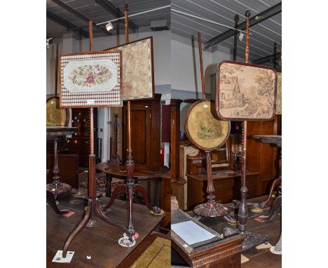 ~ A group of four 19th century polescreens, together with a Regency mahogany bobbin turned tall wig stand on a triform base, 