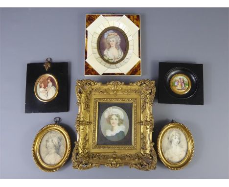 Miscellaneous Faux Portrait Miniatures, including a Victorian porcelain plaque depicting a loving couple, two black and white