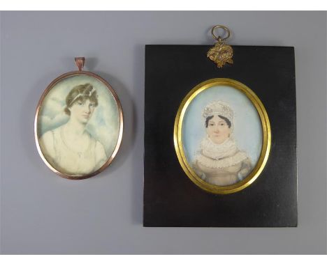 A 19th Century Portrait Miniature, depicting a young woman, unsigned, approx 6 x 7.5 cms together with a portrait miniature d