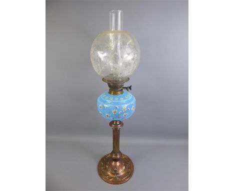 An Art Nouveau Cut Glass Oil Lamp, with a Mackintosh-style copper and brass base and blue font hand-painted with daisies and 