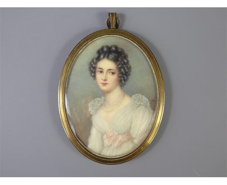A Fine 19th Century Oval Portrait Miniature, a beautiful young woman in fine costume, monogram MR lower right, approx 6 x 8 c