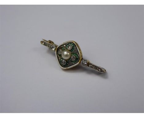 Antique 18ct Enamel Diamond, Emerald and Pearl Brooch, approx 16 pts of old-cut dias, 12 pts of rose-cut, 4 mm pearl and 36 e