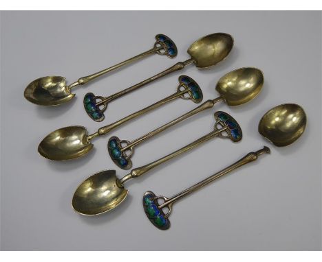 Liberty &amp; Co., Enamel and Silver Teaspoons, the sixth spoon is broken (the stem and the bowl have separated and need sold