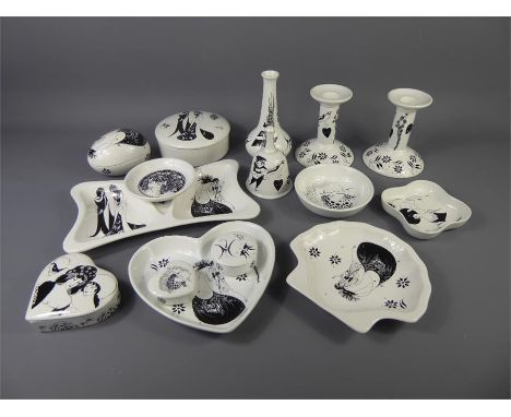 Poole Pottery - Aubrey Beardsley including a pair of candlesticks, six trinket dishes and covers, four shaped trinket dishes,