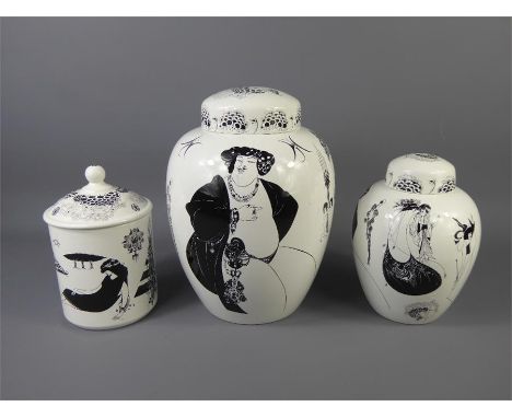 Poole Pottery - Aubrey Beardsley Pottery, including a two ginger jars and covers, approx 25 cms and 20 cms respectively and a