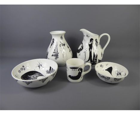 Poole Pottery - Aubrey Beardsley, including a pitcher approx 22 cms, vase 20.5 cms, a mug and two bowls.