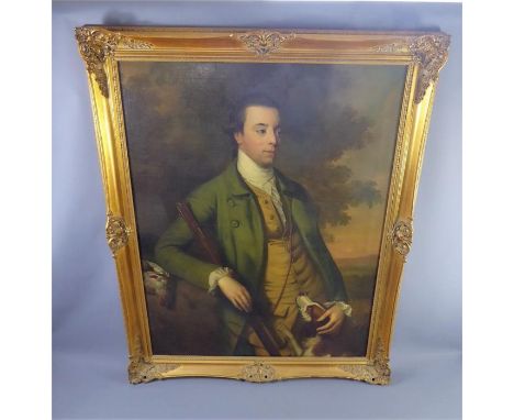 English School Large 19th Century Oil on Canvas, a half-length portrait of a gentleman, depicted with shotgun and spaniel at 
