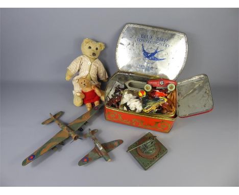 A Cardboard Box, containing tin plate and lead toys, including model figures (cowboys and Indians,soldiers, mounted Arabians)