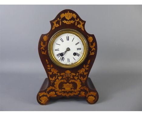 A Victorian English Marquetry Mantle Clock, having a white enamel face with Roman numerals and French 'Duval' movement, no M.