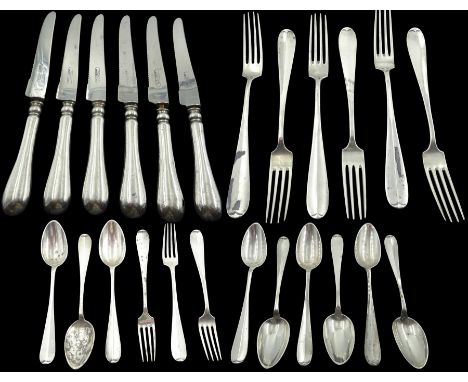 Continental silver flatware, comprising six table spoons, six table forks, three teaspoons, and three dessert forks, plus six