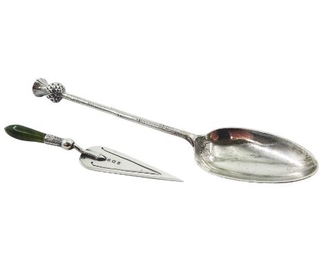 Early 20th century silver trowel form page marker, with moss agate handle, hallmarked Birmingham 1907, no visible makers mark