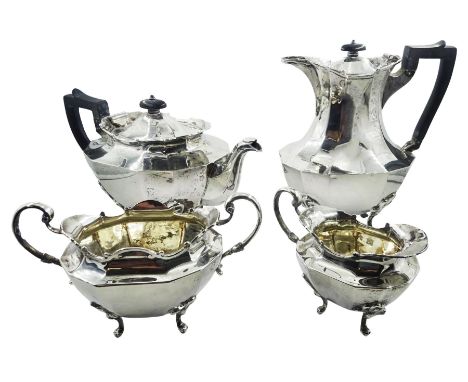 Early 20th century four piece tea service, comprising teapot, hot water pot, twin handled open sucrier and milk jug, each of 