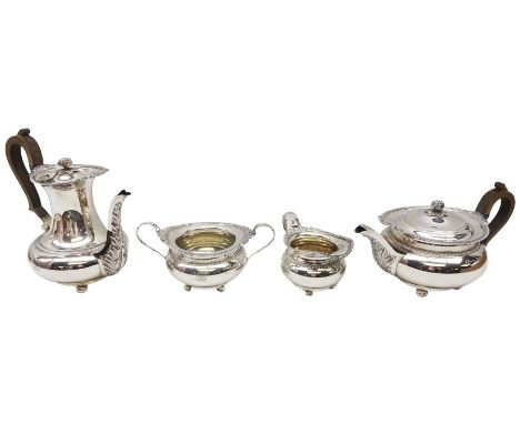 Early 20th century silver four piece tea service, comprising teapot, coffee pot, twin handled open sucrier and milk jug, each