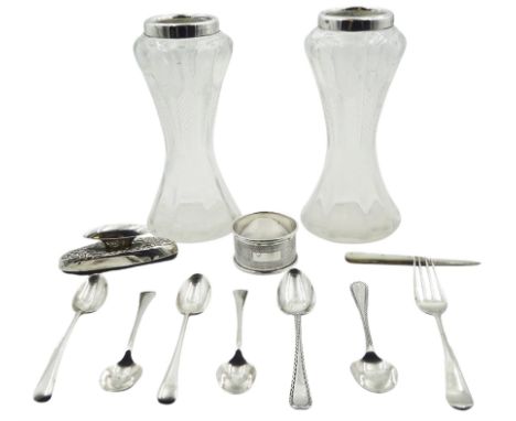 Group of assorted silver, to include pair of Edwardian silver mounted clear glass vases, the waisted and facetted bodies with