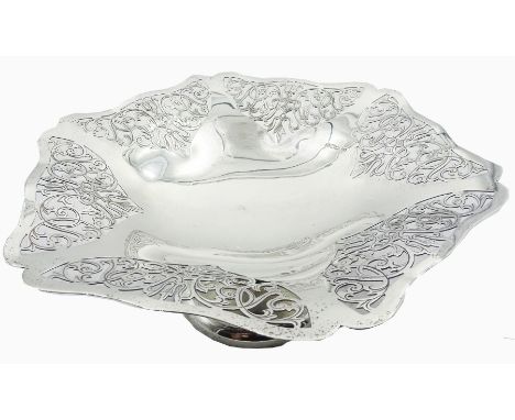 1930's silver tazza of hexagonal form with shaped rim and scrolling foliate pierced sides, upon a spreading circular foot, ha