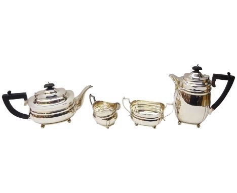 1930's silver four piece tea service, comprising teapot, hot water pot, twin handled open sucrier, and milk jug, each of oval