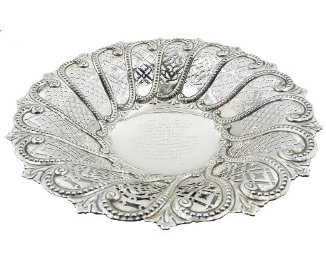 Victorian silver dish, the centre engraved with personal dedication, surrounded by sides with alternating pierced panels divi