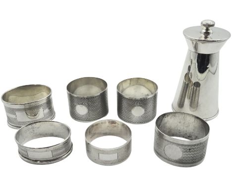 Modern silver mounted pepper grinder, of plain tapering cylindrical form, hallmarked Joseph Gloster Ltd, Birmingham 1971, H9.