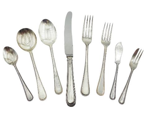 Modern silver Bead Edge pattern canteen, for six place settings, comprising dinner forks, dinner knives, side forks, side kni