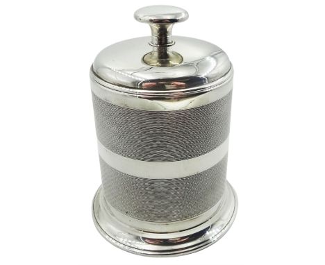 Mid 20th century Art Deco style silver mounted Bakelite table cigarette dispenser, of cylindrical form with engine turned dec