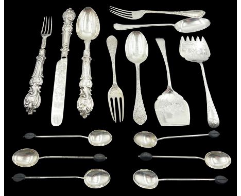 Group of assorted silver flatware, to include a pair of Edwardian sardine servers engraved with scrolls and husks, hallmarked