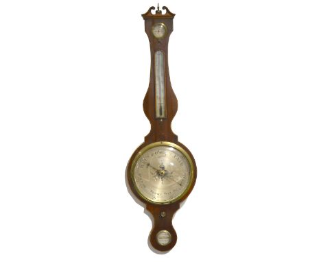 A Victorian mahogany banjo barometer, swan neck pediment, boxwood and ebony strung outlines, silvered dials, signed Jacob &am